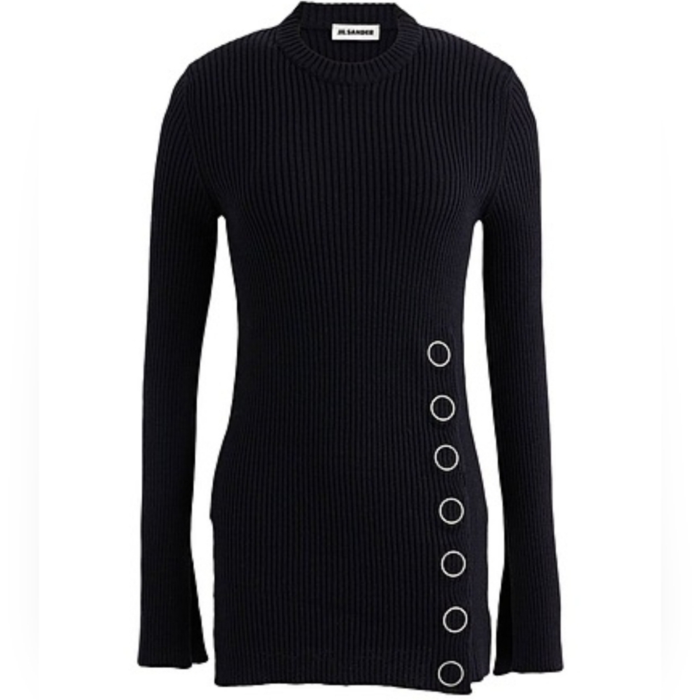 JIL SANDER Eyelet Stud Ribbed Linen Wool Blend Sweater in Black sz 8